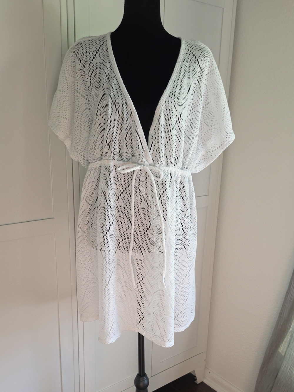 White Crochet Swim Coverup with Tie Waist